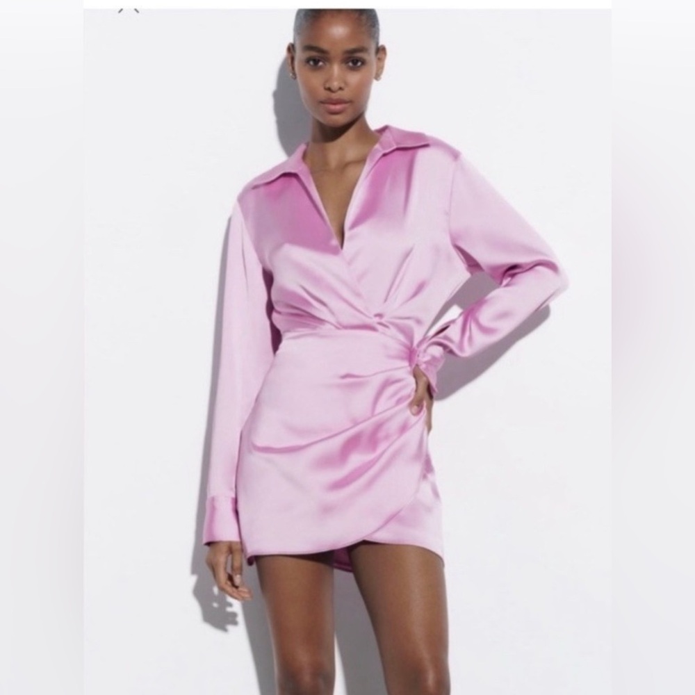 NWT ZARA Pink Satin Wrap Cinch Waist Mini Dress Long Sleeve